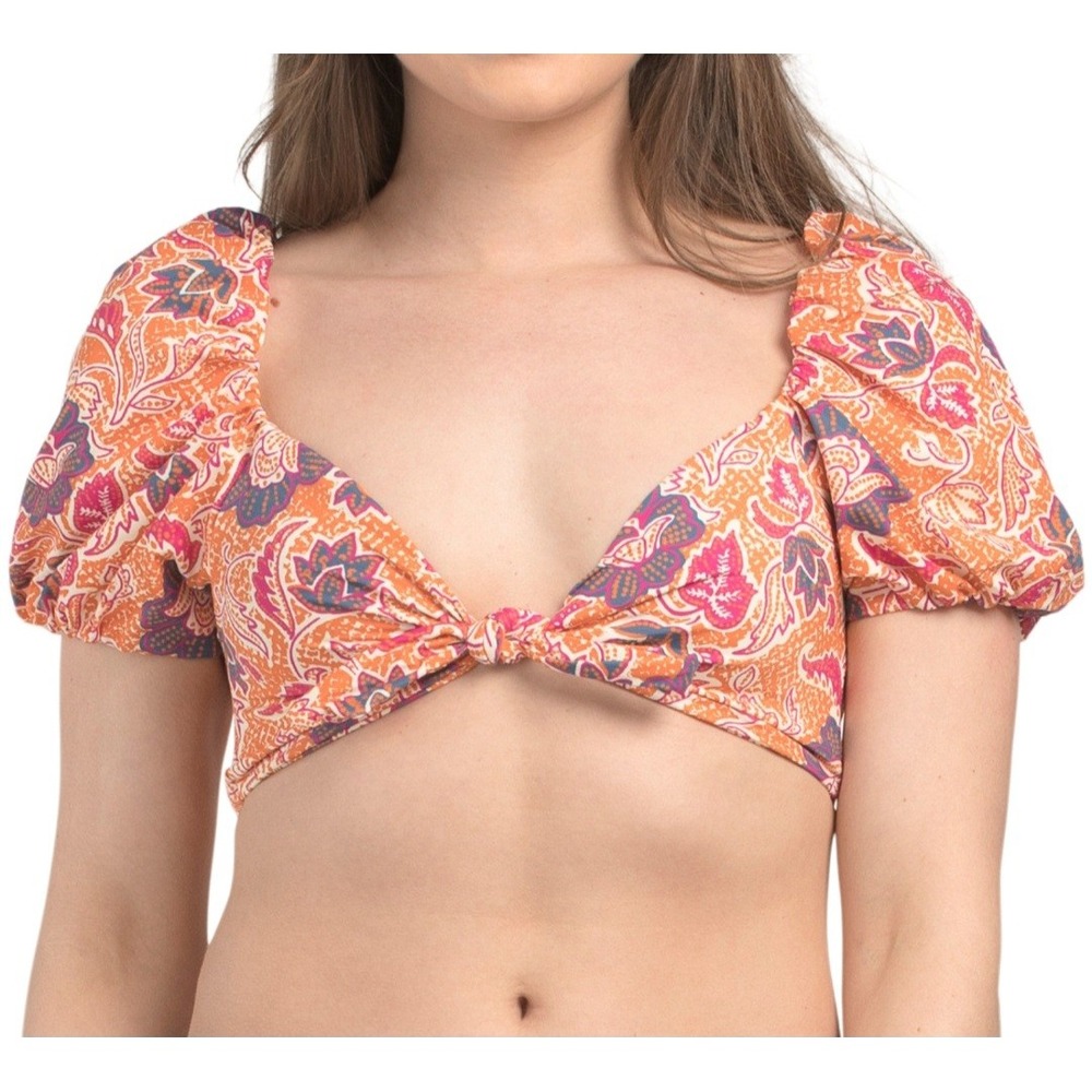 Cleobella Maude Swimsuit Top Orange Floral Puff Sleeve Front Tie Size Large  NWT